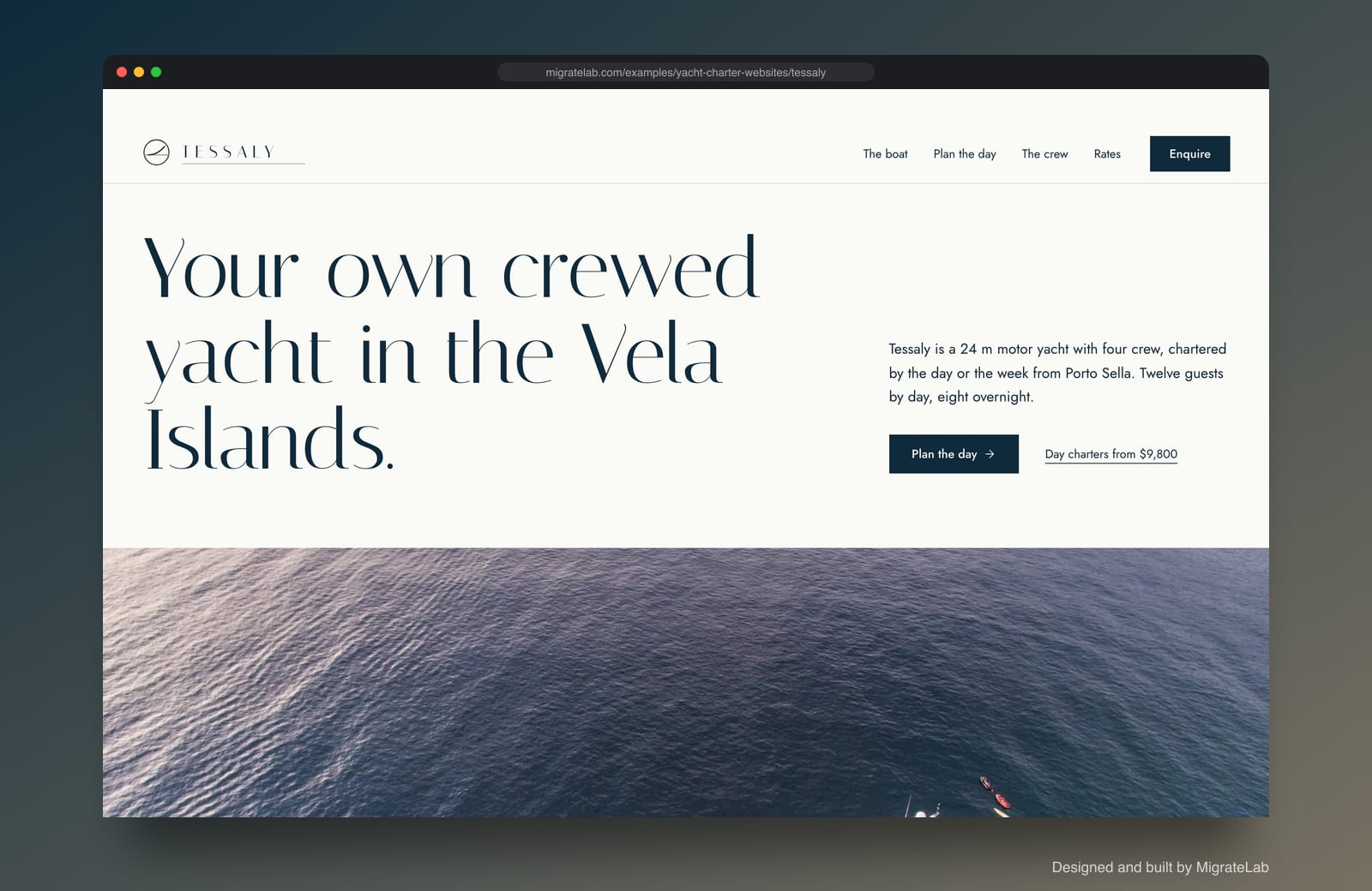 Yacht charter website example by MigrateLab: Tessaly Yachting, a premium design-led design shown in a browser