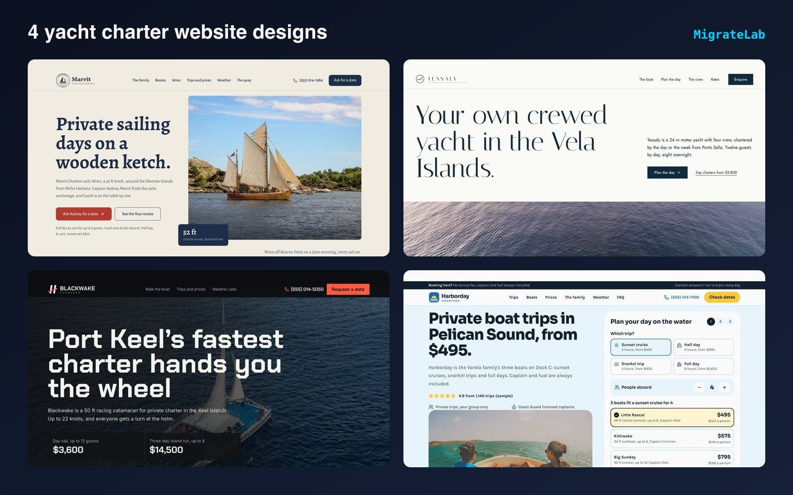 Four yacht charter website designs by MigrateLab shown side by side